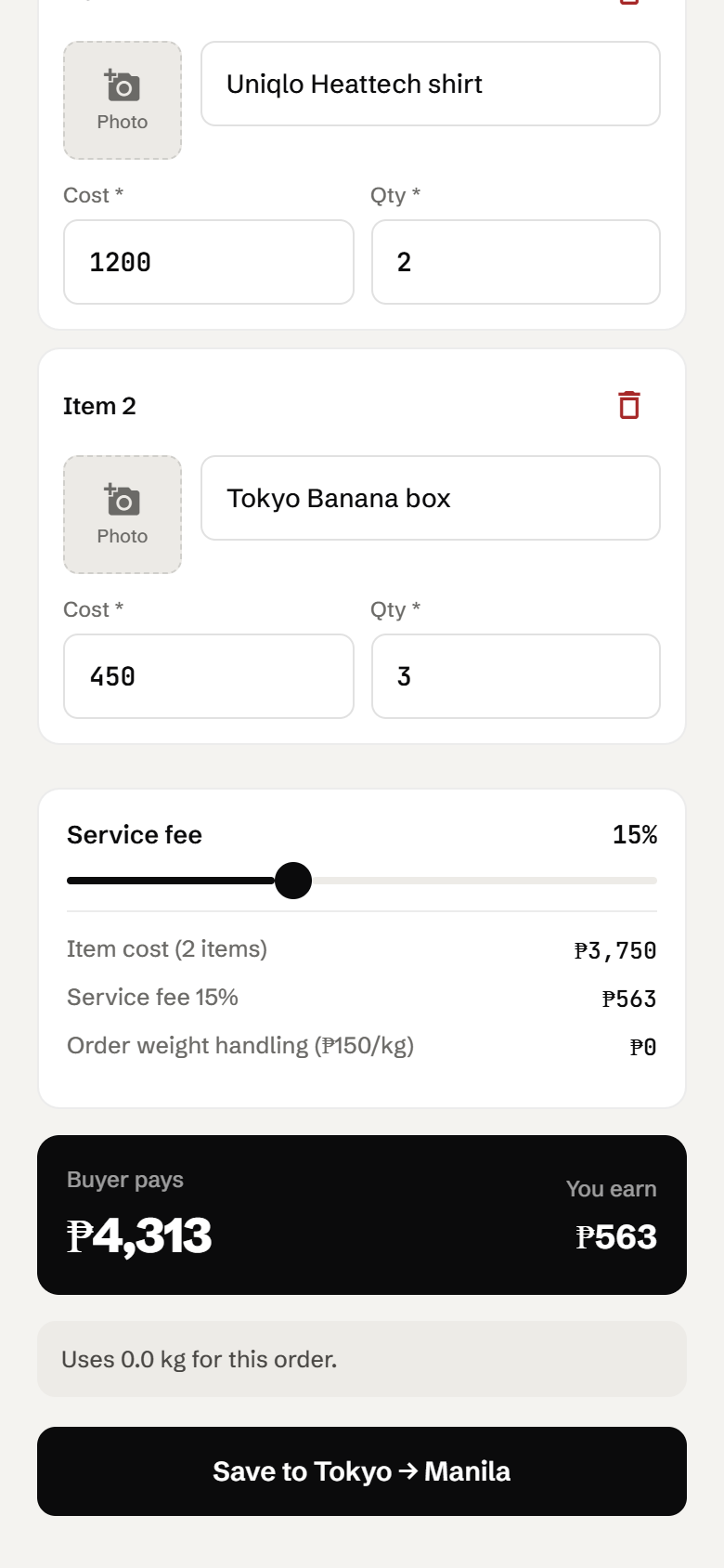 New order screen with service fee slider and earnings